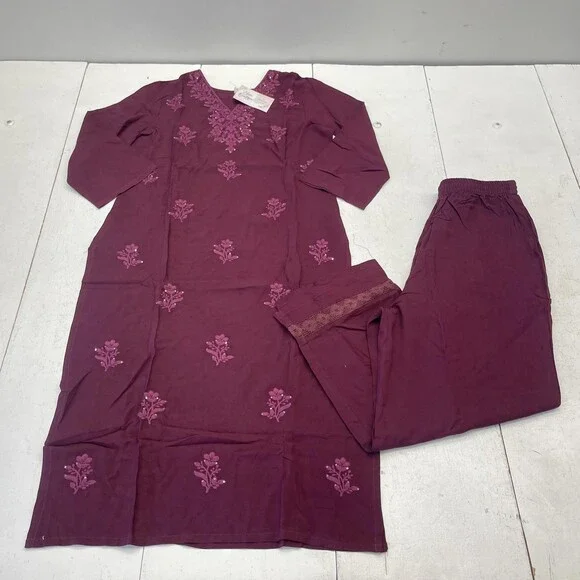 Chic Boutique Studio Kurta Pants Set Womens L Purple Floral Embroidered 2 Piece - Picture 1 of 13